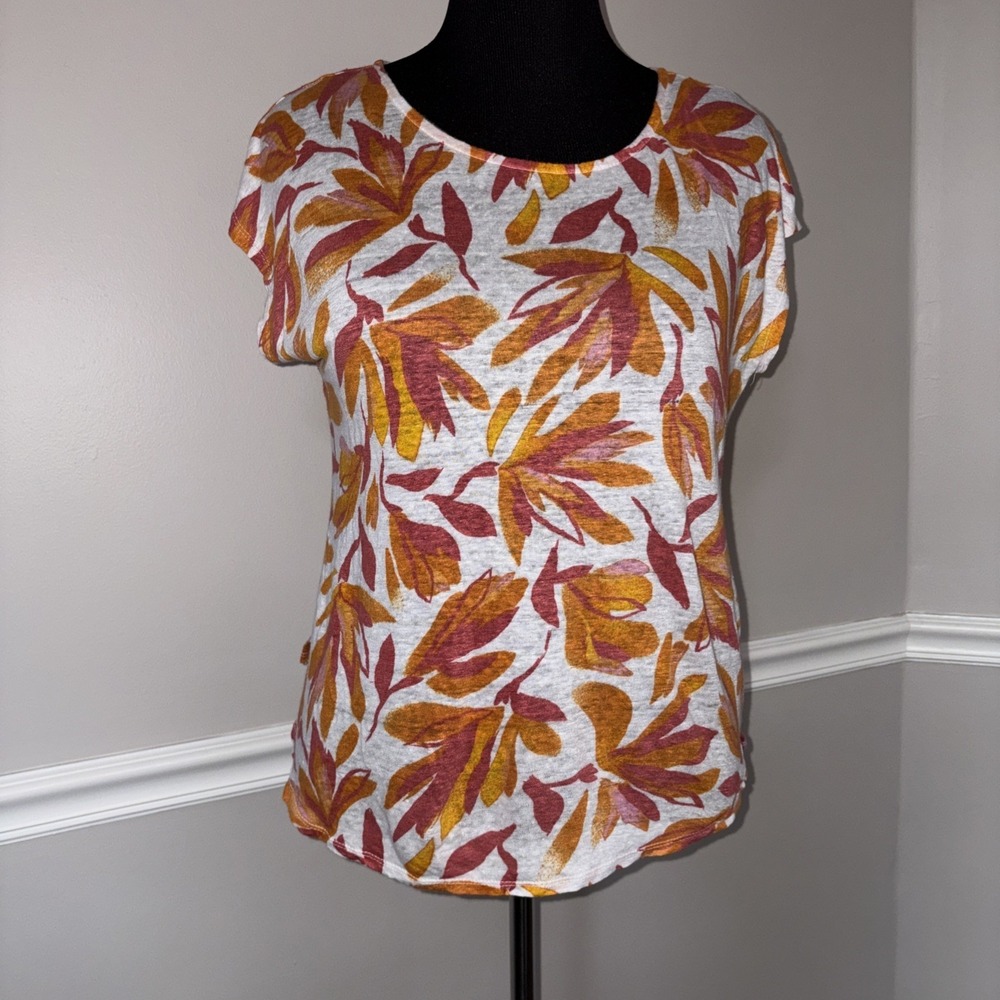 Cynthia Rowley Boho Top Women's Size L Orange Linen Floral Short Sleeve Tunic - Picture 3 of 12
